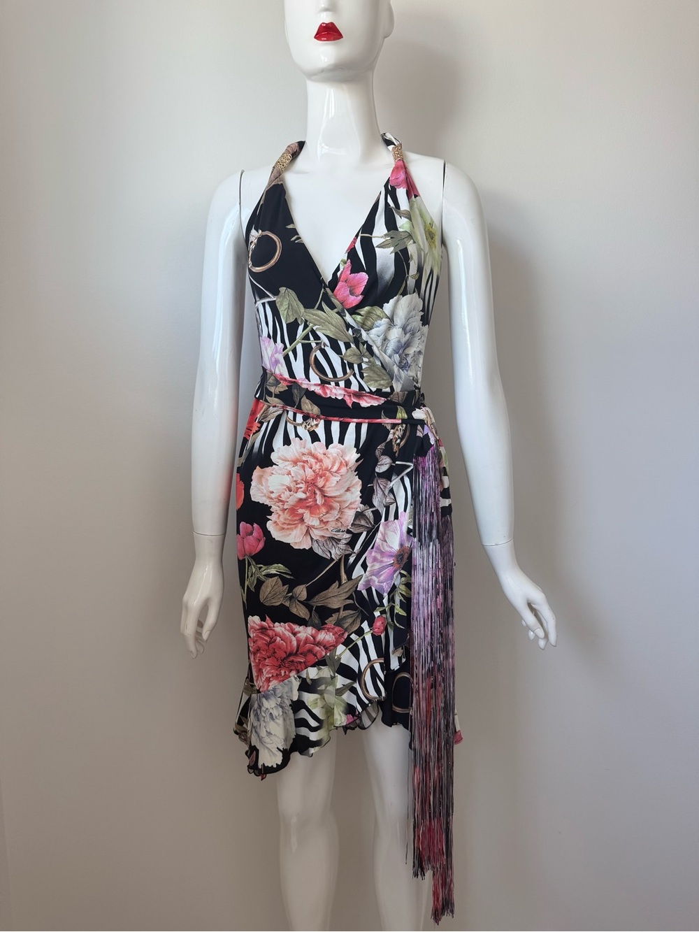 Class Roberto Cavalli 2013 Floral And Zebra Fringe Belted Ruffle Mini Dress